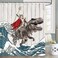 Funny Cat Shower Curtain, Cool Cat Dinosaur Japanese Ocean Wave Shower Curtain, Cat Riding Dinosaur Fun Shower Curtain Nautical Kids Children Rustic Wooden Farmhouse Shower Curtain, 72X72inch, Brown