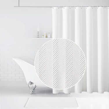 sunmeg White Shower Curtain, Waterproof Fabric Shower Curtain for Bathroom, Simple Hotel Luxury Textured White Cloth Bathroom Shower Curtain Set with Hooks (Twill-White, 72 x 72)