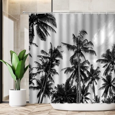Black and White Palm Tree Shower Curtain Summer Hawaii Beach Nature Landscape Tropical Coconut Tree Jungle Plant Exotic Modern Minimalist Polyester Curtains Bathroom Decor with Hooks 70"Wx70"H
