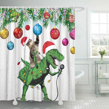 DeeCabin Funny Christmas Shower Curtain, Cute Cute Dinosaur in Santa Hat Singing Merry Christmas for Children Boy and Girl Shower Curtain, Winter Bathroom Decor, 72X72 inch