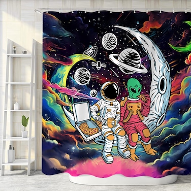 Sanzugh Funny Trippy Space Shower Curtain Astronaut Alien Curtains for Kids Men Boys Guys Bathroom, Cool Alien Planet Galaxy Fabric Shower Curtains Set Decoration with Hooks 72 X 72 inch Bath Decor