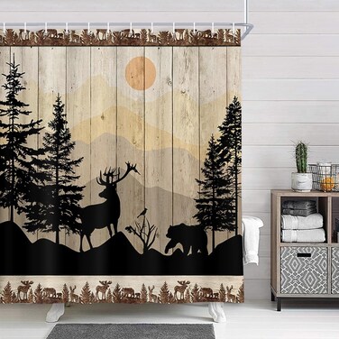 NYMB Cabin Shower Curtain, Rustic Shower Curtain Set, Cute Bear Deer Forest Print on Country Farmhouse Lodge Wooden Board Cloth Shower Curtains Bathroom Accessories with 12 Hooks, Tan Brown, (72X72)