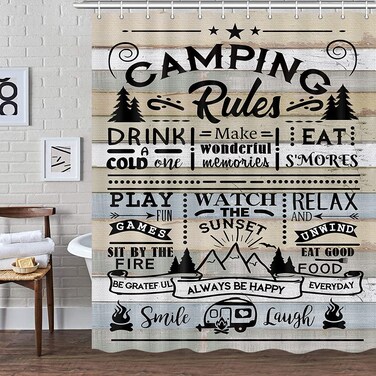Camper RV Shower Curtain for Travel Trailer Bathroom, Farmhouse Camping Rules Quote Small Narrow Shorter Fabric Shower Curtains Set, Happy Camp Outdoor Decor Accessories with Hooks 60X72