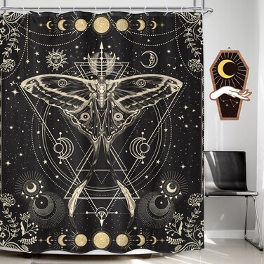 LGhtyro Moon Phase Witchy Shower Curtain 60Wx71H Inch Gold Black Butterfly Moth Fairy Shower Curtain Bathroom Set Gothic Black Moonlit Bath Curtain Tarot Halloween Bathtub Accessories Decor for Teens