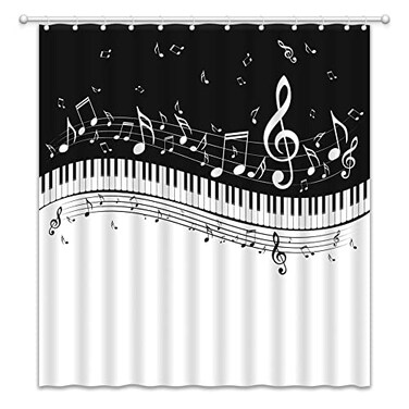 UOZXOML Black and White Music Shower Curtain Musical Notes Piano Key Musical Instruments Modern Romantic Art Elegant Fabric Bathroom Decor Curtains with Hooks,70 x 70