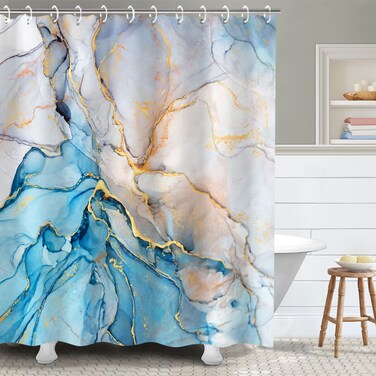 RosieLily Blue Shower Curtain, Marble Shower Curtains Set with 12 Hooks, Watercolor Blue Gold White Shower Curtains, Cool Abstract Marble Bathroom Decor, 72"x72