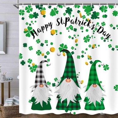 MERCHR Happy St Patricks Day Shower Curtain, Green Clover Shamrock Leaf Irish Gnome Elf Design, Buffalo Check Plaid Decor Cloth Fabric Bathroom Curtains with Hooks Set 71 x 71 Inch