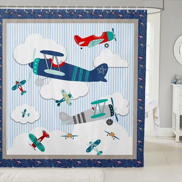 Kids Airplane Shower Curtain Blue Sky and White Clouds Bathroom Shower Curtain Set for Kids Adult Aviation Aircraft Bath Curtain Modern Airplane Waterproof Curtains Room Decor 72 x 72 Inch