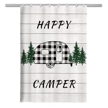 MERCHR Happy Camper RV Shower Curtain, Buffalo Plaid Check Trailer with Trees On Farmhouse Rustic Gray Wooden Fabric Shower Curtain Accessories for Travel Trailers Bathroom Decor, 36 x 72 Inches