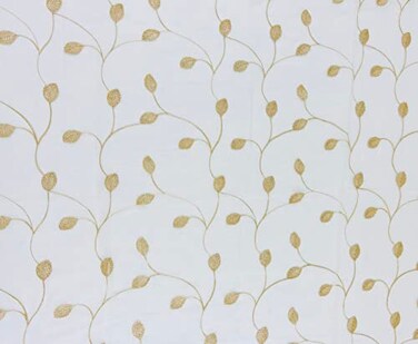 Decorative Sheer Fabric Shower Curtain for Bathroom: Beige Gold Embroidered Botanical Design Metallic Gold Threading (Rosalee)