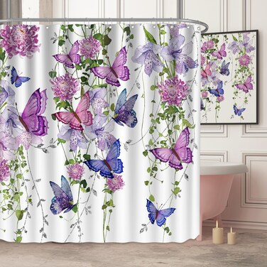 chiinvent Purple Shower Curtain Butterfly Shower Curtains for Bathroom, Spring Shower Curtain Lavender Lilac Pink Floral Shower Curtain with 12 Hooks, Machine Washable Waterproof Fabric, 72X72 Inches