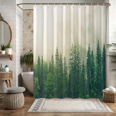 JAWO Forest Shower Curtain, RV Shower Curtain for Travel Trailer Bathroom, Farmhouse Camping RV Shower Curtain for Camper, Happy Camper Shower Curtain with Hooks 47X64inch
