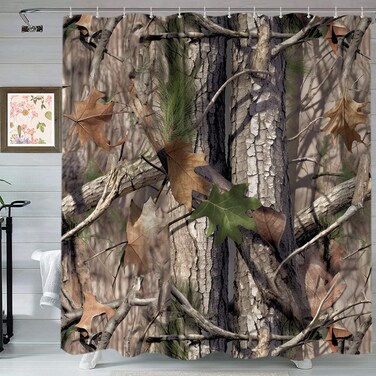 Sanzugh Camo Hunting Shower Curtain Set for Bathroom, Rustic Camouflage Camping Decor Fabric Shower Curtains Sets Fashion Fall Woodland Cabin Mens Bath Accessories with Hooks 72 X 72 inch