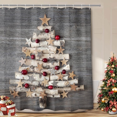 BROSHAN Rustic Christmas Shower Curtains for Bathroom, Christmas Long Shower Curtain 72 x 84 Winter Holiday Bathroom Decor, Funny Xmas Tree Fabric Shower Curtain Set with Hooks
