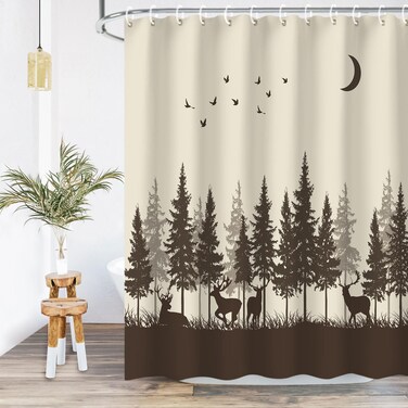 RosieLily Deer Shower Curtain, Rustic Shower Curtain for Bathroom, Cabin Wildlife Woodland Hunting Shower Curtain Sets, Forest Moose Pattern on Brown Bathroom Curtain with 12 Hooks, 72Wx72H