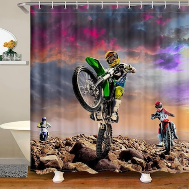 Dirt Bike Fabric Shower Curtain for Boys Bathroom Motocross Rider Extreme Sports Bath Curtain Mountain Bike Bathroom Curtain Kids Motorcycle Motorbike Curtains for Bathtubs,Hotel Heavy Duty,72Wx72L