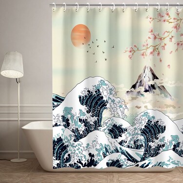 RosieLily Japanese Shower Curtain, Wave Shower Curtain Cool Shower Curtain Art Shower Curtain Hooks, Anime Mountain Sunset Shower Curtains for Bathroom, Asian Bathroom Decor for Mens, 72Wx72H Inch