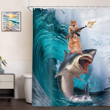NYMB Funny Cat Shower Curtain for Kids Bathroom, Cool Cat Riding Whale Shark on Ocean Waves Polyester Fabric Shower Curtains, Nautical Blue Aqua Teal Seawater Bathroom Decor with Hooks, 72X72in