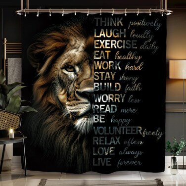 Miyotaa Lion Motivational Quotes Shower Curtain Set 60Wx71H Inches Black Inspirational Positive Wildlife Animal Cool Man Polyester Waterproof Cloth Bathroom Curtain with 12 Hooks