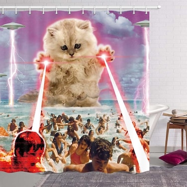 MERCHR Funny Alien Kitten cat Shower Curtain, UFO on The Beach catching Human Shower Curtains, Waterproof Polyester Fabric Bathroom Decor Bath Curtain with 12 Hooks 72x72in
