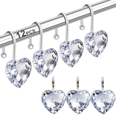 Yapicoco Shower Curtain Hooks Rings for Bathroom, 12PCS Heart Stainless Steel Rust Resistant Decorative Rhinestones Shower Curtain Rings Hangers for Shower Curtains (Single Hook Clear)