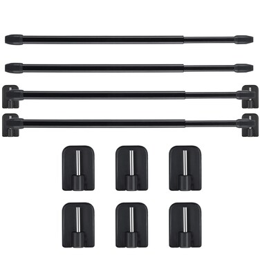 4 Pieces Extendable Curtain Rod Cupboard Bars Tensions Rod Adjustable Plastic Curtain Rod with 10 Pieces Self Adhesive Hooks for Home Bathroom Hotel Supply (15.7 to 27.5 Inch, Black)