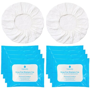 Tingjoo 8 Pcs No Rinse Shampoo Cap Bulk,waterless Rinse Free Shampoo Caps Disposable Dry Hair Wash Caps for Elderly, Bedridden Patients, Post Surgery, Hospital Stays