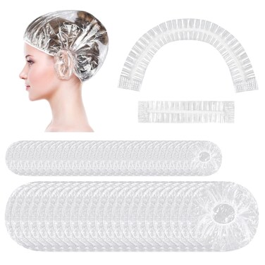 MORGLES 50 Pcs Ear Covers for Shower with 80 Pcs Shower Caps, Waterproof Ear Covers and Large Disposable Plastic Caps for Bathing, Hair Dye, Conditioning in Home Hotel Travel