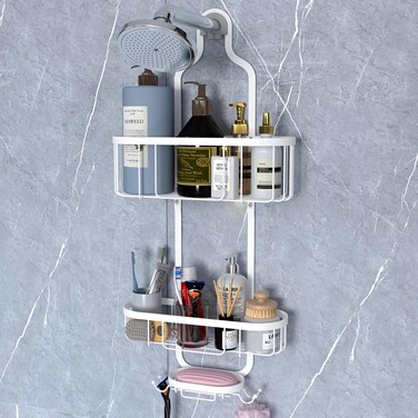 Kadolina Shower Caddy Hanging, Bathroom Shower Organizer, Shower Rack with Soap Dish, Over The Shower Head Caddy with Hooks for Razor/Sponge, White (Assembly Required)