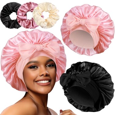 2+3 Large Satin Bonnets with Scrunchies for Women, Hair Bonnet Sleeping Tie Bonnet for Braids Curly Hair, C
