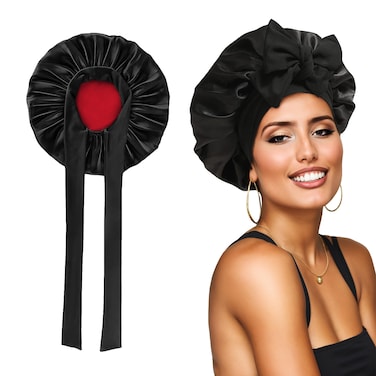 KUJUHA Bonnet for Curly Hair Silk Bonnet for Sleeping Women Satin Sleep Bonnet Double Layers Adjustable Bonet with Tie Band