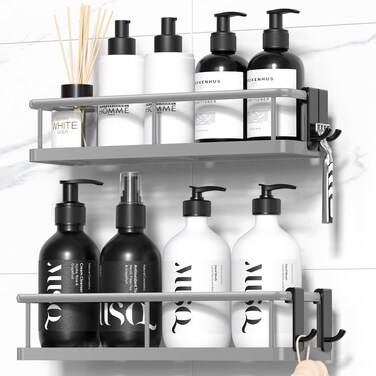 YASONIC Shower Caddy Adhesive, No Drill Bathroom Shower Organizers, with Removable Hooks and Soap Holder, Rust Proof Shower Shelves, Wall-Mounted Shower Holder, 3 Pack, Grey