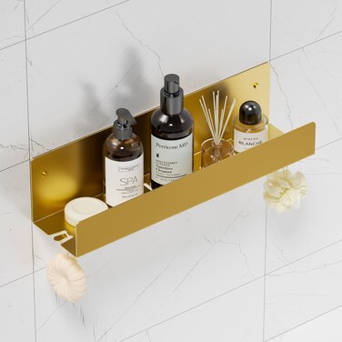 Qeke Shower Caddy, 16" Bathroom Shower Shelf Organizer with 2 Hooks, SUS304 Stainless Steel Floating Shower Shelves with Large Capacity, Rustproof Shower Rack for Inside Shower, Brushed Golden