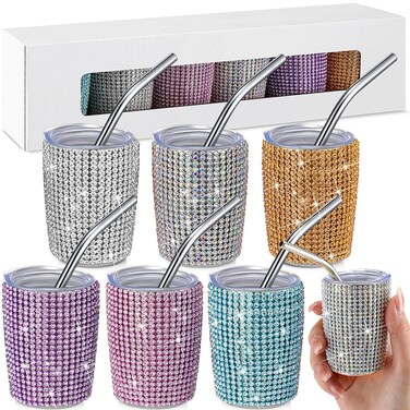 Lemosae 6 Pcs Bling Mini Tumbler Shot Glass, Diamond Tumbler Shot with Straw and Lid Cute Tumbler Shot Glass Stainless Steel Double Wall Glitter Bulk for Party Bar Travel Camping(3 oz)