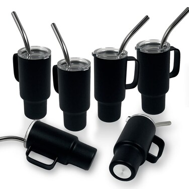 STFALI Cute Shot Glasses with handle 2oz, Mini Shot Tumbler with Lid and Straw, Kawaii Insulated Tumblers for Espresso Coffee Spirits Cute Stuff Funny Gifts (6x Black)