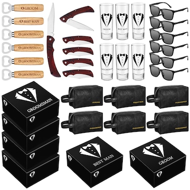 Yungyan 36 Pieces Groomsmen Gifts Set of 6, Groomsmen Proposal Box with Shot Glasses Sunglasses PU Leather Toiletry Bag Wood Folding Knife Bottle Opener Wedding Groomsmen Gift (Black)