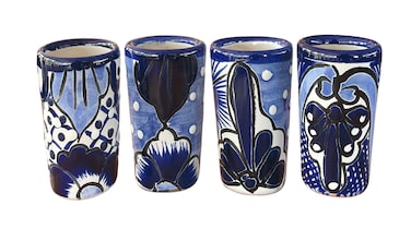 MEXTEQUIL - Talavera Shot Glasses Set of 4 Authentic Mexican Tequila Shot Glasses - Hand-painted - 2 Oz (Blue)