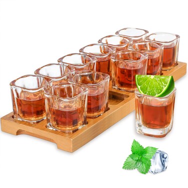 INFTYLE Shot Glass Set - 2oz/60ml Set of 12 Shot Glass Tray Holder Set Thick Base for Club Bar Party (12pcs)