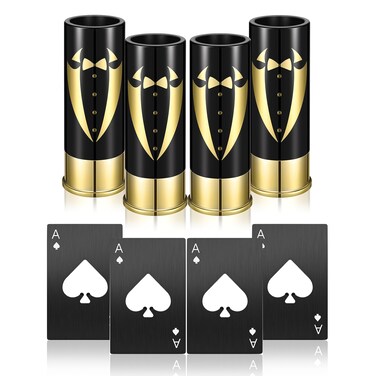 Yoption 8 Pcs Groomsmen Gifts Set, 4pcs Groomsmen Gauge Shot Glasses with 4pcs Credit Card Size Bottle Openers for Wedding Party Proposal Groomsmen Bridesmaid Favors