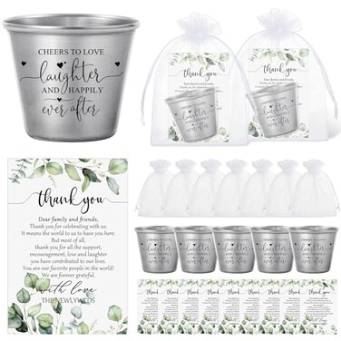 Uiifan Wedding Favors for Guests 1.5 oz Shot Glasses Thank You Cards with Gift Bags for Engagement Bridal Shower Wedding Souvenirs, Cheers to Love Laughter and Happily Ever After(50 Set)