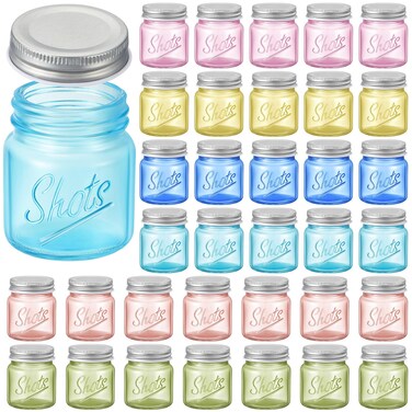 36 Pcs Mini Mason Jar Shot Glasses with Lids 2 Oz Mason Jars Shot Glasses Dishwasher Safe Mason Shooter Glass for Wedding Party Favors Home Bar Drinks Shot Favors Desserts (Fresh Color)