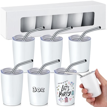 Lemosae 6 Pcs Mini Tumbler Shot with Straw and Lid 3oz Stainless Steel Tumbler Shot Glasses Mini Cute Tumblers Shot Glass Bulk Mini Tumbler Cups Set for Party Bar Travel Camping (White)