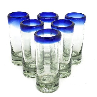 MexHandcraft Cobalt Blue Rim 2 oz Tequila Shot Glasses (set of 6), Recycled Glass, Lead-free, Toxin-Free (Shot)