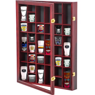 Furnishh 36 Slots Shot Glass Display Case with Lockable Door, Solid Wood Cabinet Collection Holder Wall Mounted Shot Glass Display Storage Box with Removable Shelves, 18"x26", Mahogany