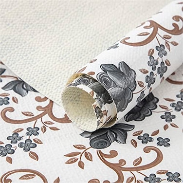 FIFTY FEET 12X120 Inch Shelf Liner for Kitchen Cabinets, PVC Drawer Liner for Dresser Non-Slip Bathroom, Non-Adhesive Cabinet Liner Washable (Black Floral)(1 Roll)