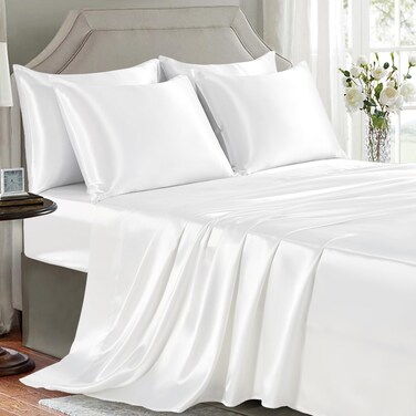 GOLAL Satin Sheets King Size - 6 Pieces Luxury Silky Soft Bed Sheets, Wrinkle-Free White Satin Silk Sheet Set with 1 Deep Pocket Fitted Sheet, 1 Flat Sheet, 4 Pillow Cases