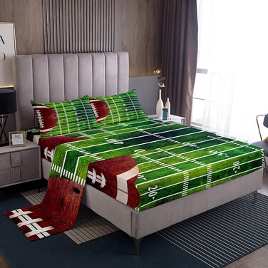 American Football Bed Sheets Set Full for Boys Bedroom Decor,Sports Games Fitted Sheet American Football Field Illustration Bedding Set 4Pcs (1 Fitted Sheet+1 Flat Sheet+2 Pillowcases),Green Brown