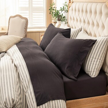 PURE ERA Jersey Knit 4pc Bed Sheet Set 100% T-Shirt Cotton Super Soft Comfy Breathable Fits Mattress Up to 20" Extra Deep Pocket (Solid Dark Brown, King)