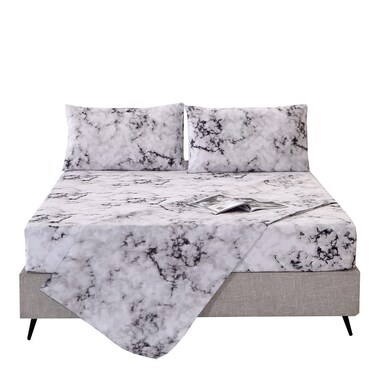 MAG Marble Bed Sheet, 4PC Black White and Gray, Queen Size Modern Pattern Printed Bedding Sheet Set with 1 Top Flat &amp; 1 Fitted Sheet with 2 Pillowcases, 14&acirc;&euro; Deep