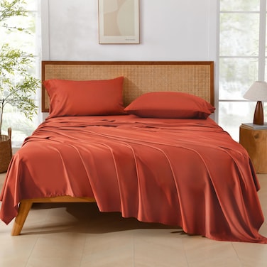Andency Orange Queen Sheets Set, 100% Viscose Derived from Bamboo, Cooling Bed Sheets Queen Size, Deep Pocket Up to 16", Silky Soft Sheets, Hotel Luxury Breathable Bedding Sheets &amp; Pillowcases&acirc;&euro;&brvbar;